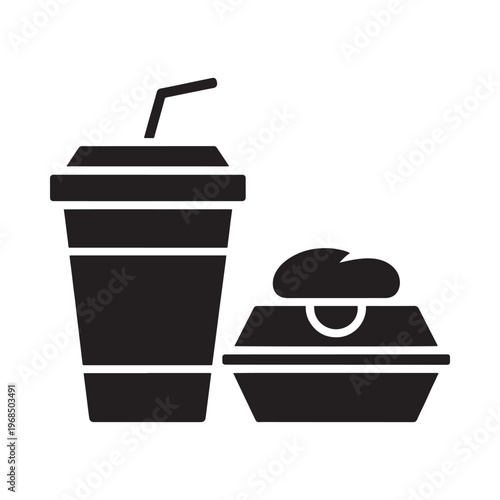 Simple black silhouette of a drink with a lid and a burger