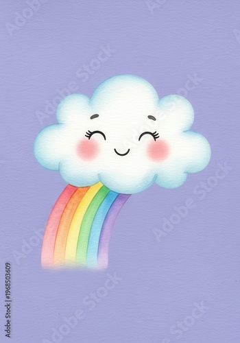 Happy cartoon cloud delivering a vibrant rainbow against a solid pastel background