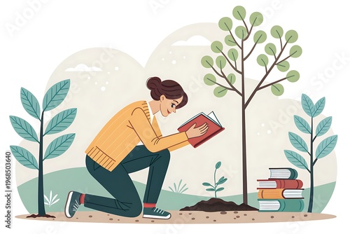 A woman kneels in a serene natural setting, surrounded by trees and books, reading intently.