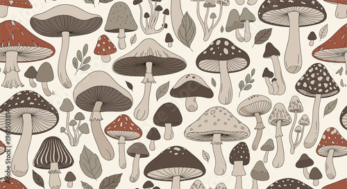 Detailed seamless pattern of various mushroom species and fallen leaves in a rustic vintage botanical style.