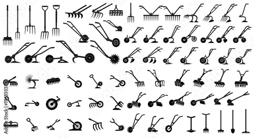 Comprehensive Farm Tool Silhouettes Rake Plough Cultivator Icons,  Black silhouette icons representing a wide array of agricultural and garden hand tools, including rakes, forks, tillers, wheel plows 