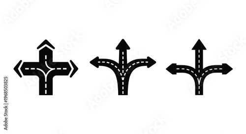 Road junction options in black illustrating diverging paths silhouette