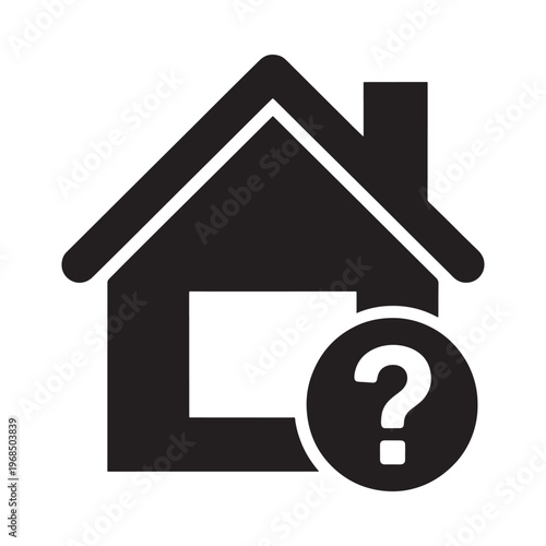 Simple black house icon with a question mark symbol beside it