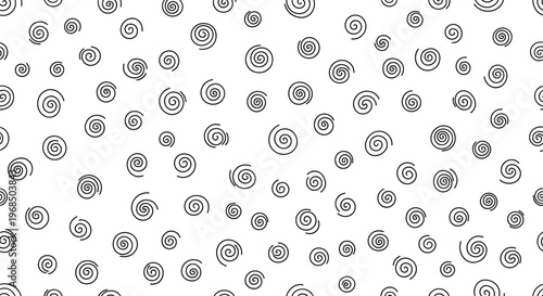 Simple minimalist seamless pattern of hand drawn black spirals scattered over a clean white background for textiles.