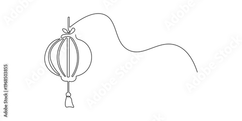 A beautiful continuous single line forms the delicate outline of a traditional hanging Chinese or Japanese lantern, showcasing a graceful and artistic minimalist design.