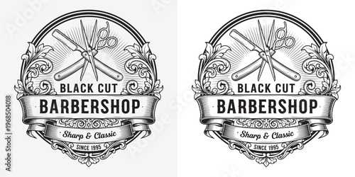 Black Cut Barbershop Vintage Emblem with Crossed Straight Razor and Scissors
