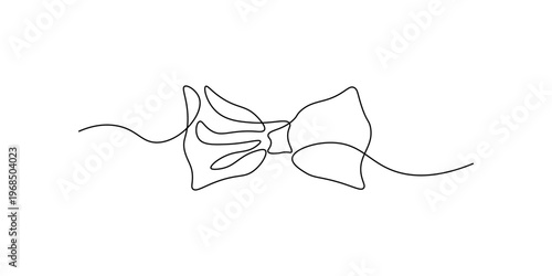 A single continuous line drawing perfectly captures the elegant and classic shape of a bowtie, rendered in a minimalist, black and white artistic style.