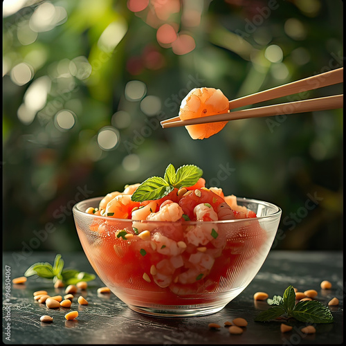 A bowl of shrimp and rice garnished with mint leaves on a table