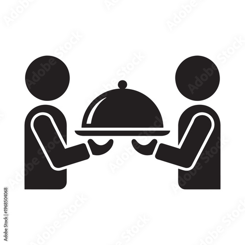 Two figures presenting a covered dish on a serving tray