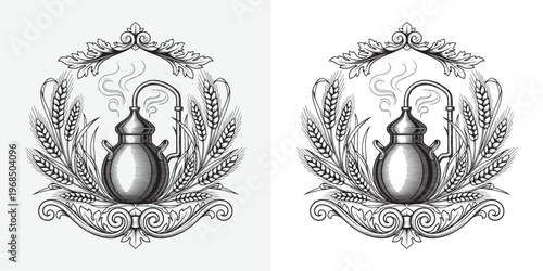 Vintage Copper Still Distillery Illustration with Wheat and Ornate Frame