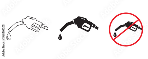 Fuel nozzle icon set in outline solid and no fuel styles. Gas pump vector symbols