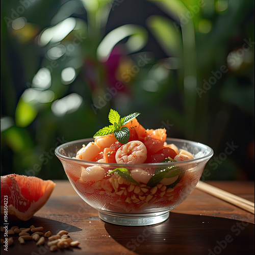 A delicious shrimp and grapefruit salad in a glass bowl on a wooden table