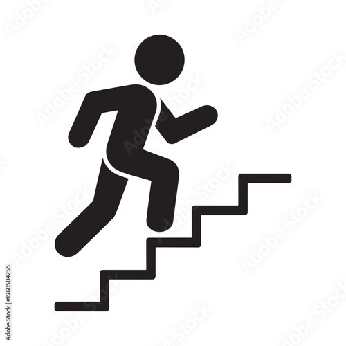 A simple black silhouette of a person running up a staircase