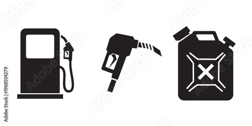 fuel pump nozzle and jerry can icon set. Petroleum vector symbols