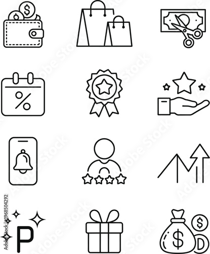 Shopping Rewards Icon Set with Editable Lines, Loyalty Program, Cashback, Points, Discount and Gift Symbols, Vector Illustration for E-commerce Apps, UI, and Website Design