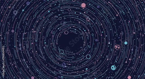 Swirling cosmic star trails and orbits create an abstract circular pattern of celestial bodies and streaks on a deep blue space background.