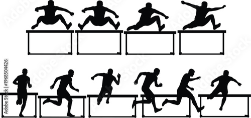Athlete hurdling silhouette vector, sports motion sequence design, dynamic jump artwork, track and field illustration, competition technique graphic, training performance concept