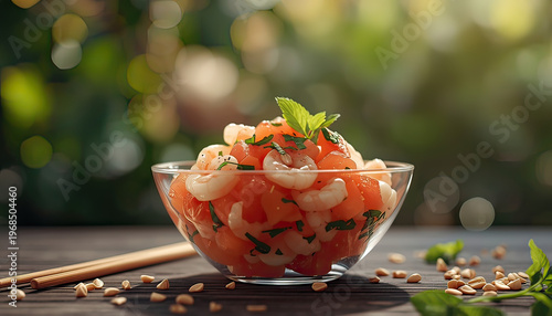 A glass bowl of fresh shrimp and vegetable salad on a table