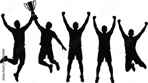 Athlete victory silhouette vector, team celebration design, sports achievement artwork, trophy winner illustration, competitive success graphic, dynamic triumph concept