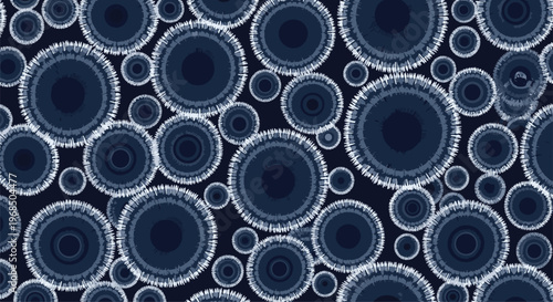 Abstract pattern of dark blue circles with textured white fringed edges creates a unique celestial or organic repeating background design.