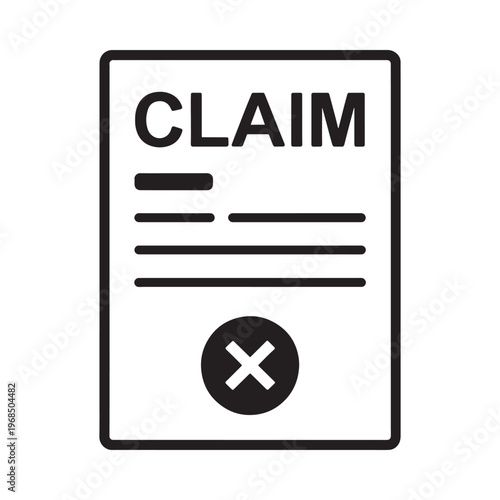 A black and white icon depicting a claim form with a rejection mark