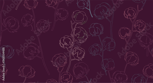 Artistic seamless pattern of cotton branches in delicate pink and blue outlines on a rich deep purple background creates an elegant floral design.