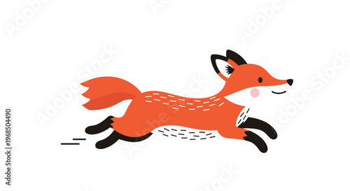 Cute orange fox with black paws running joyfully with a happy expression and dotted details on its fur on a white background.