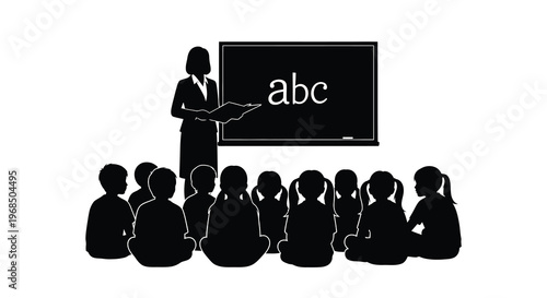 A teacher instructs students in a classroom depicted as a silhouette