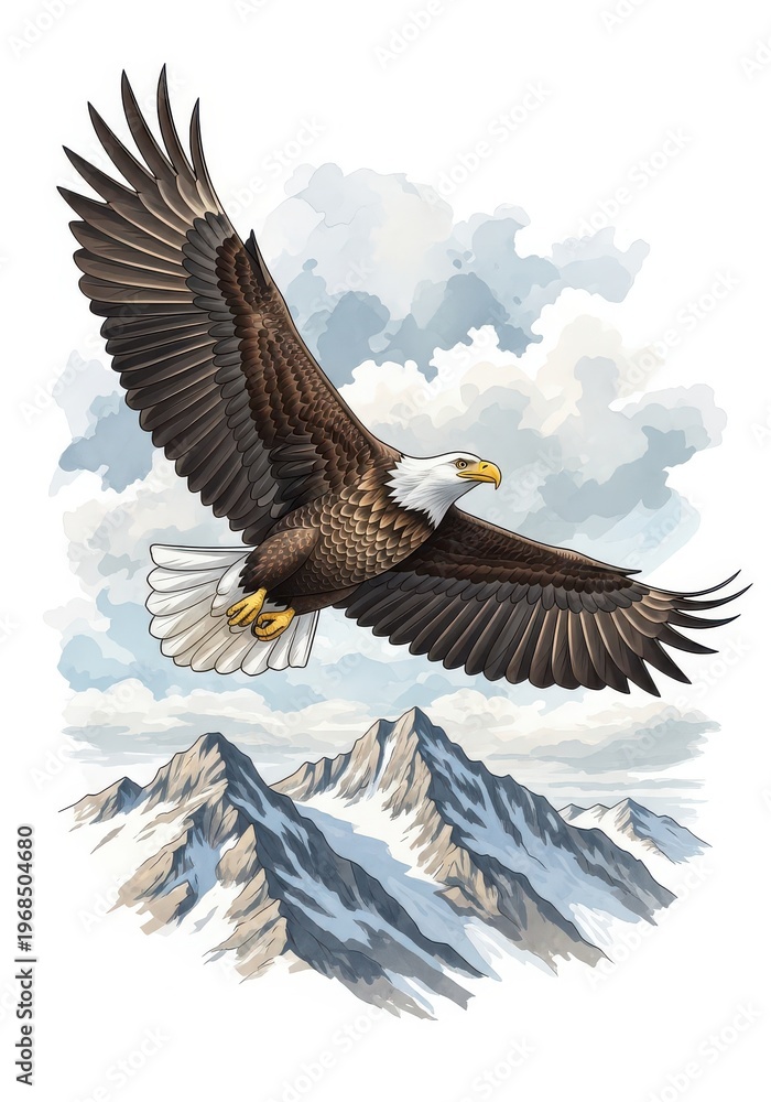 Obraz premium Majestic raptor soars with wide wingspan above snowcapped mountain peaks under a cloudy sky