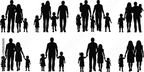 Family silhouettes, parents with children, unity, togetherness, parenting, childhood bond, family love, support, connection, lifestyle, generational care, happinessFamily silhouettes
