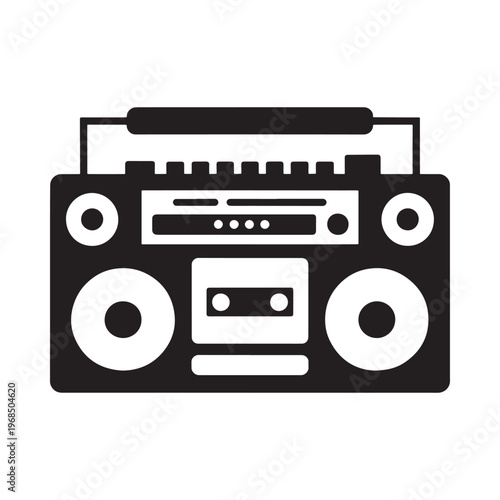 Simple black and white illustration of a vintage boombox with cassette