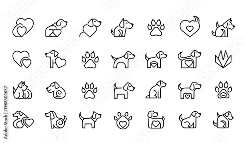Love dogs icon set cute outline puppy hearts paw prints vector collection eps10