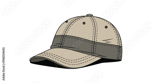 Classic baseball cap in a two-tone beige and dark gray color scheme is shown in a detailed vector illustration with visible stitching lines.
