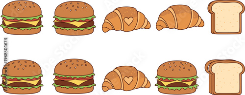 Fast Food and Bakery Collection with Burgers Croissants and Bread Cartoon Style Vector Illustration Set Isolated