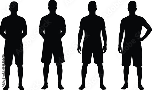 Human silhouette vector, standing figures design, casual attire artwork, shorts and shirt illustration, posture variation graphic, minimalist people concept icon