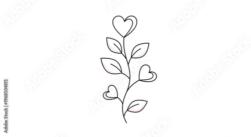 Elegant black and white line art of a plant stem with heart shaped leaves and flowers for romantic and feminine design themes.