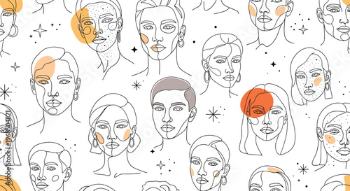Artistic seamless pattern features line-drawn female faces with abstract orange and tan shapes for a modern and stylish aesthetic design.