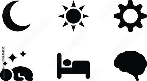 Collection of black icons representing night moon sun gear sleep and brain activity isolated on transparent background