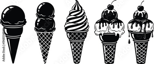 Ice cream cone vector illustration, waffle cone design, single scoop, double scoop, soft serve swirl, cherry topping, dessert art