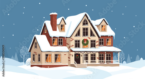Large multi story house covered in snow with glowing windows and christmas decorations in a starry winter night landscape scene.