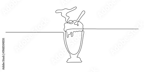 A continuous single line art drawing beautifully depicts a refreshing cocktail or frozen drink served in an elegant goblet, adorned with a straw, fluffy whipped cream, and a vibrant citrus slice, all 