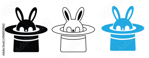 Rabbit in top hat icon set magic tricks Vector illustration. A simple icon of rabbit ears appearing from a magician's black top hat with sparkles, representing a classic magic trick