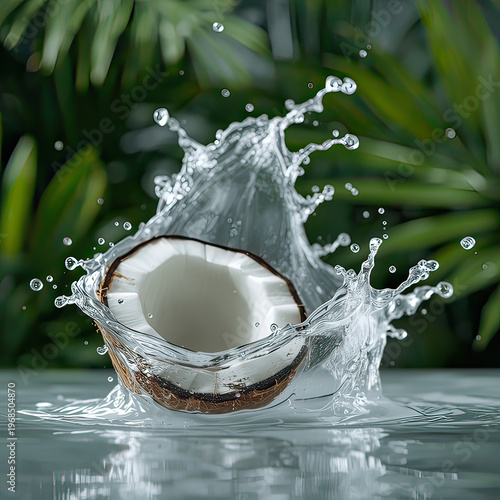 A coconut shell splashing into a pool of water with tropical leaves in the background