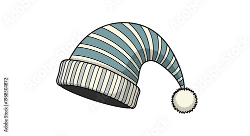 Striped winter nightcap in shades of blue and white with a soft pom-pom at the end is shown in a clean and simple vector illustration style.