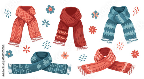 Variety of cozy knitted scarves in different colors and patterns like zigzag and snowflakes are shown in a warm winter accessory collection.