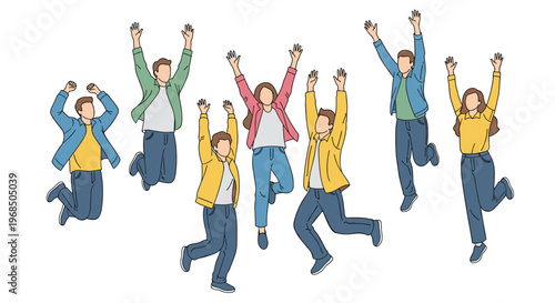 Group of diverse people jumping for joy with their arms raised in celebration is shown in a flat illustration of success and happiness.