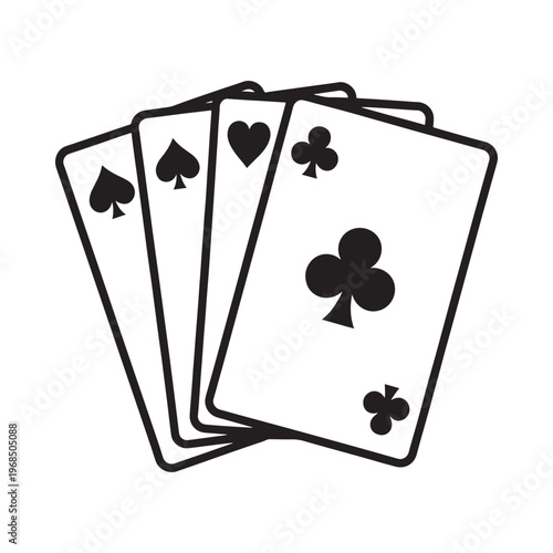 Four playing cards are stacked displaying different suits in black and white