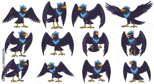 Cartoon thunderbird characters in various poses and expressions  