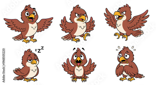 Cartoon bird expressing various emotions in playful poses  