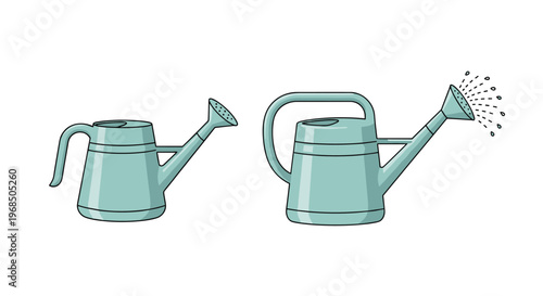Illustration of two light blue watering cans, one static and one pouring water, representing gardening, care, and plant growth activities.